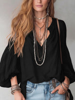 Women's Casual Loose Long Sleeve Art Round V Collar Shirt
