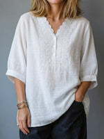 Wave Lace Embroidered V-neck Seven Quarter Bubble Sleeve Cotton And Linen Top