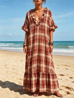 Women's Plaid Pattern Art Ruffled Casual Stylish Cotton Linen Maxi Dress