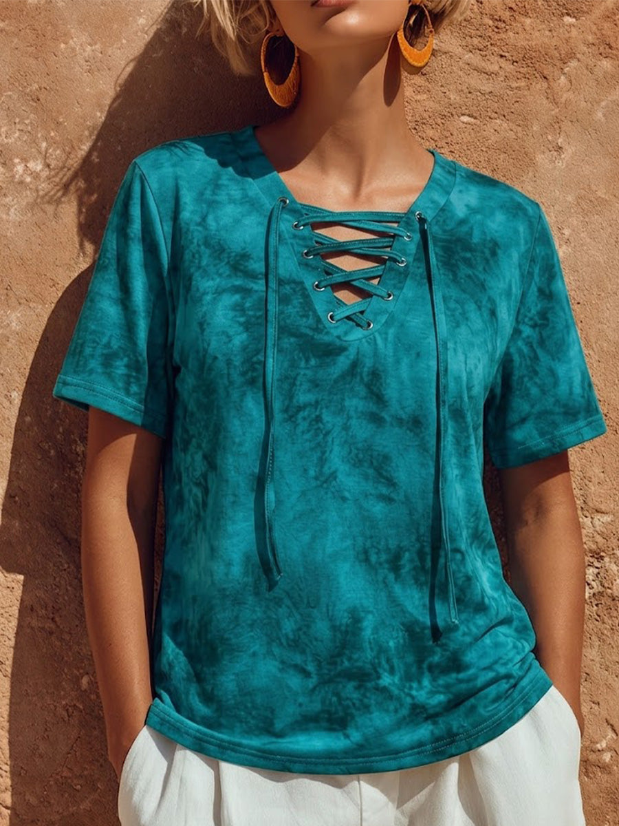 Resort Ombre Tie-Dye Cutout Lace-Up Notch V-Neck Loose Basic T-Shirt
