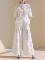 Elegant White Floral Lace-spliced Wide-leg Set
