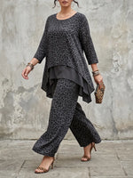 Chic Leopard Print Linen Set – Asymmetrical Layered Tunic & Wide-Leg Pants