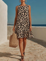 Leopard-print Sleeveless Round-neck Cropped Shift Dress With A Ruffled Hem