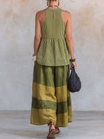 Women's Striped Print Cotton-linen Set: Sleeveless Round-neck Loose-fit Top & High-waisted Wide-leg Pants