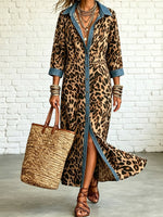 Women's Leopard Pattern Art Print Casual Stylish Lapel Maxi Dress