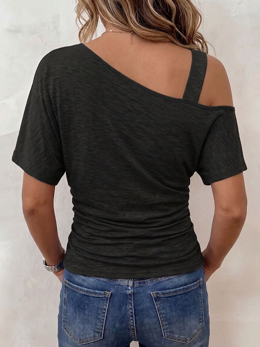 Women's Solid-color Asymmetric Neck Short-sleeve Casual Loose Cotton Top