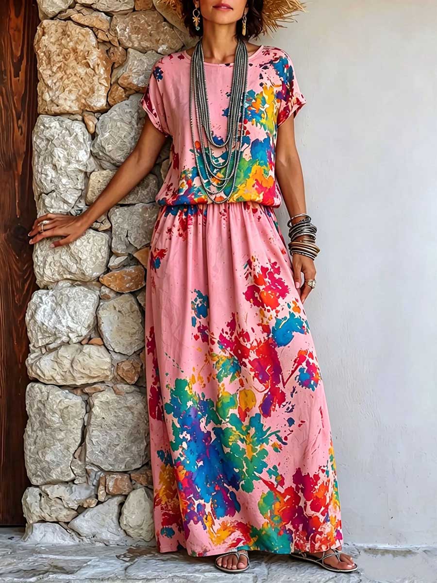 Women's Cotton-linen Set: Abstract Placement-print Crew-neck Short-sleeve Loose Casual Top & High-waisted A-line Skirt
