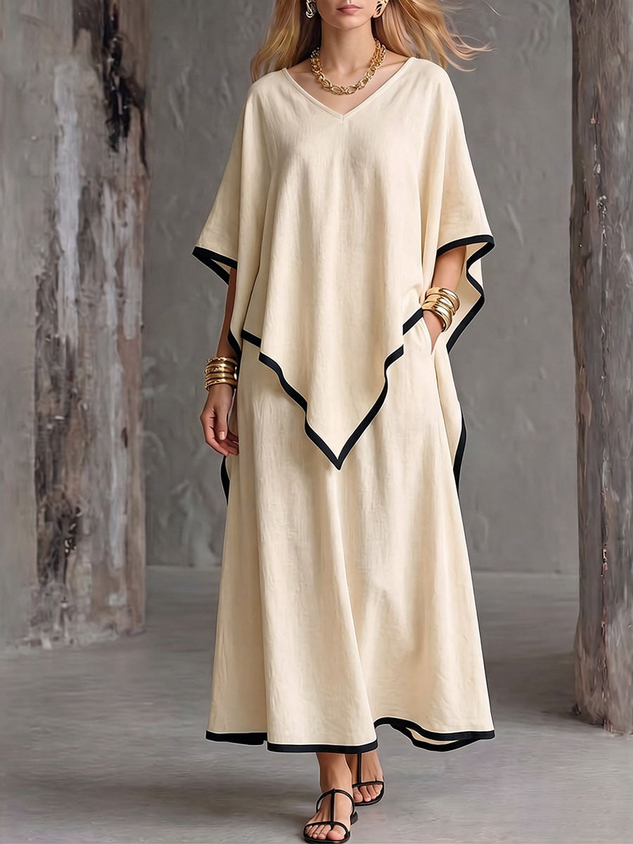 Women's Casual Cotton-linen Set: V-neck 3/4 Sleeve Loose Top & High-waisted A-line Skirt