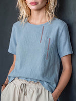 Women's Casual Loose-fit Cotton-linen Top With Placement Embroidery, Crew Neck, And Short Sleeves