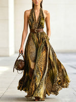 Women's Leopard Pattern Print Chic Art Casual Stylish Halter Maxi Dress