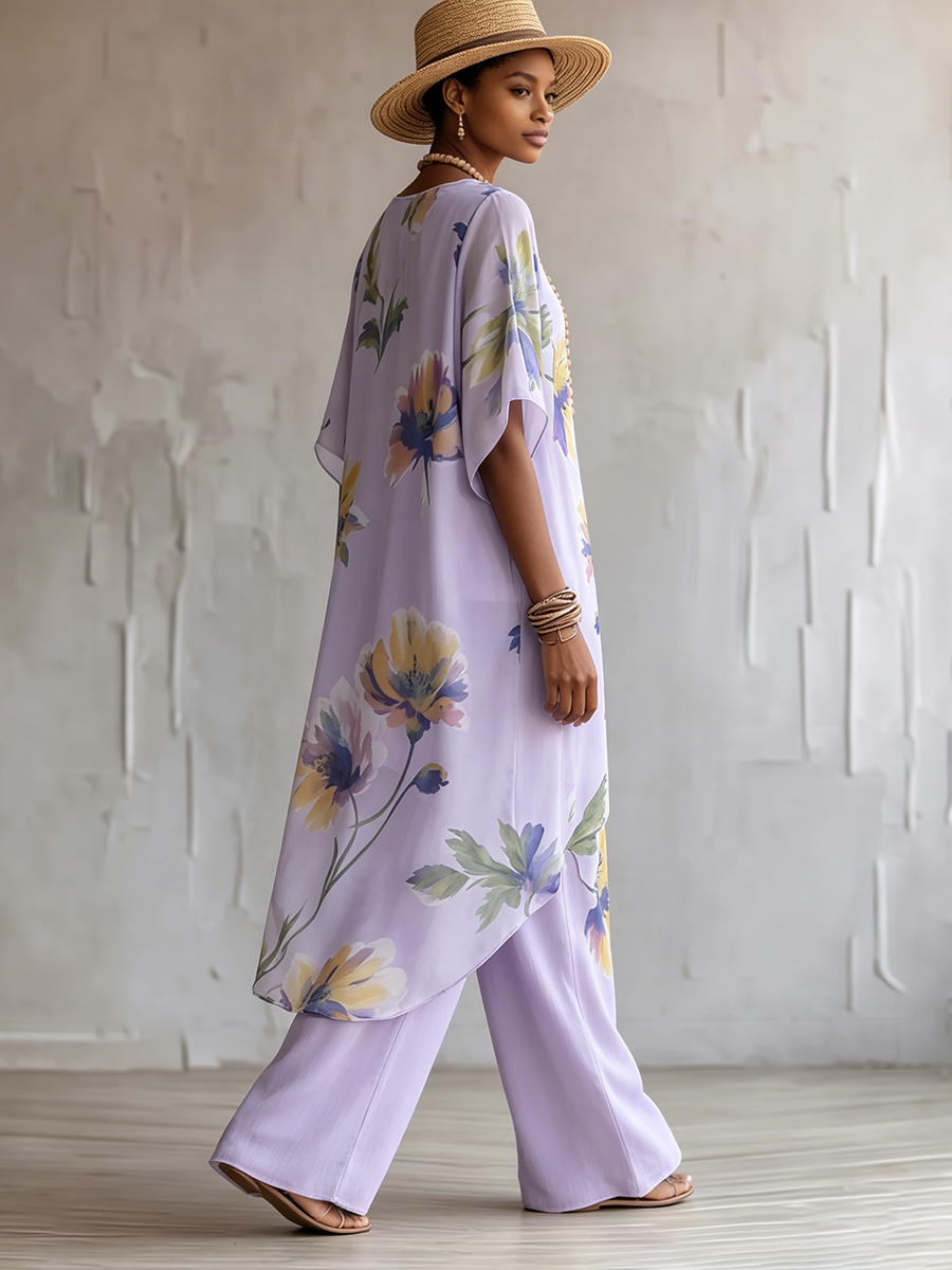 Elegant Bohemian Resort-style Floral Print Two-piece Set