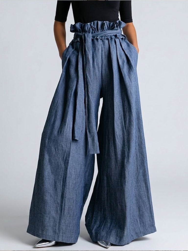 Stylish Casual Wide-leg Jeans With Ruffled Waistband
