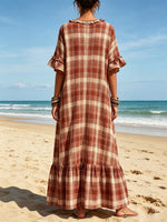 Women's Plaid Pattern Art Ruffled Casual Stylish Cotton Linen Maxi Dress