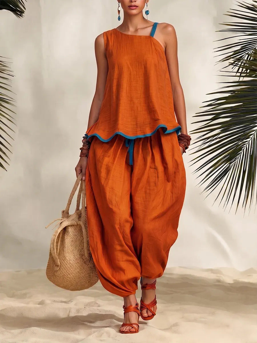 Asymmetrical Trim Linen Top & Draped Harem Pants