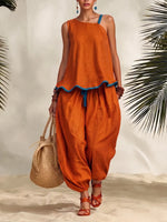 Asymmetrical Trim Linen Top & Draped Harem Pants