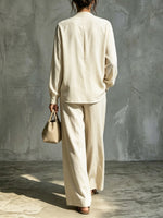 Women's V-Neck Art Casual Top And Pants Cotton And Linen Two-piece Set