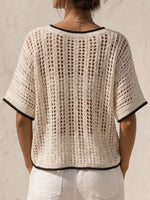 Classic Contrast-trimmed Open Knit V-neck Top