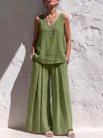 Women's Solid Color V-neck Sleeveless Loose Casual Top And High-waisted Wide-leg Pants Cotton-linen Set