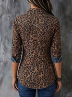 Stylish Casual Denim Zip-up Shirt With Leopard Print Panels