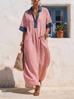Chic Linen Striped Denim Trim Maxi Dress