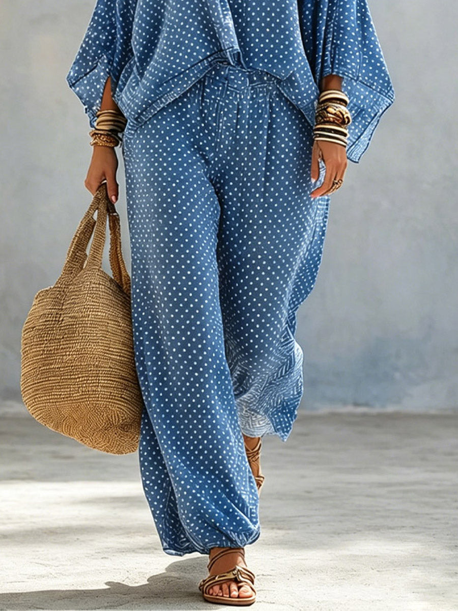 Women's Retro Polka Dot Art Print Casual Top And Pants Two-piece Set