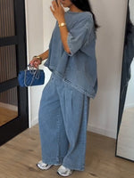 Casual Vintage-style Washed Denim Two-piece Set (top And Pants)