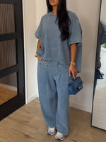 Casual Vintage-style Washed Denim Two-piece Set (top And Pants)