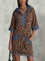 Casual Leopard-print Panel Denim Hoodie Dress