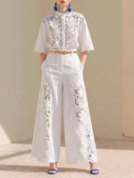 Elegant White Floral Lace-spliced Wide-leg Set