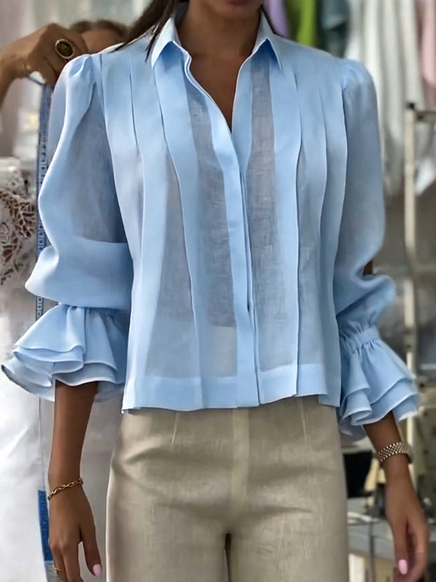 Women's Solid Color Long-sleeve Cotton-linen Blouse With Shirt Collar And Pleated Detail (loose Fit)