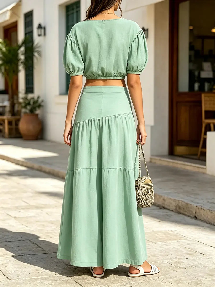 Effortless Sage Green Puff-Sleeve & Tiered Wide-Leg Set