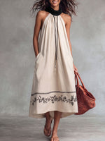 Women's Casual Loose Linen Sleeveless Dress With Placement Print And Slouchy Collar