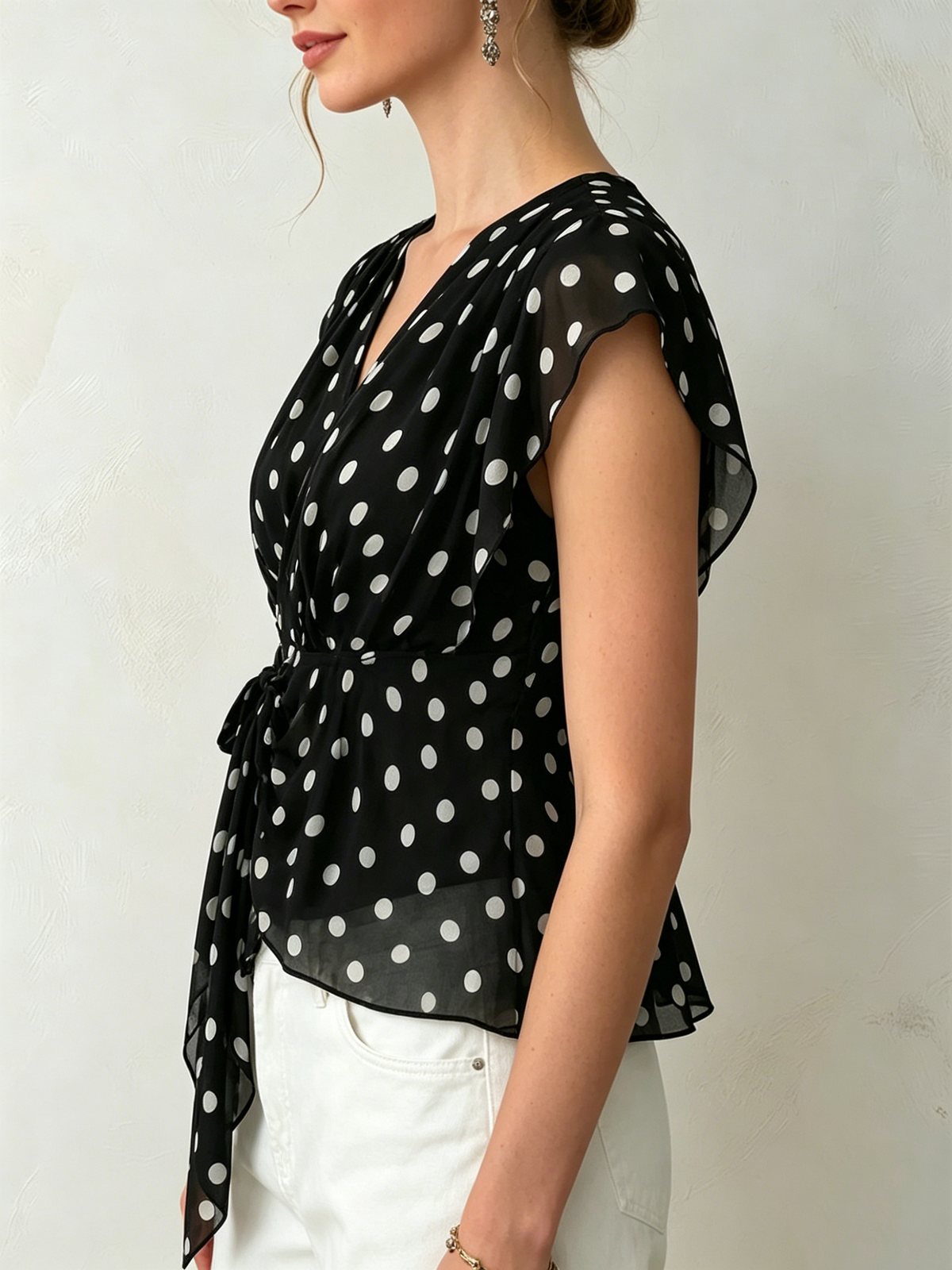 Black White Polka Dot V-neck Flutter Sleeve Waist Tie Chiffon Blouse