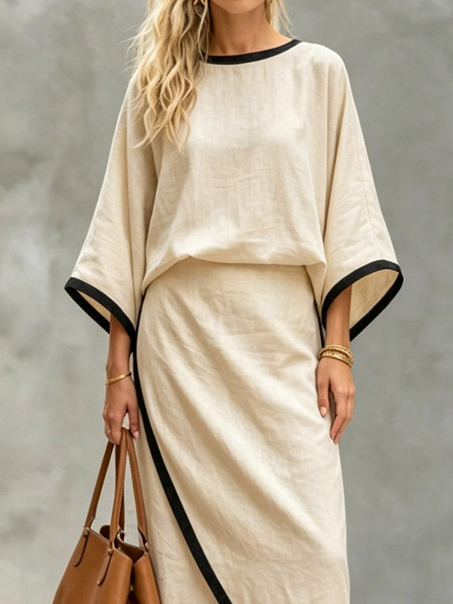 Women's Casual 3/4 Sleeve Top And Skirt Cotton And Linen Two-piece Set