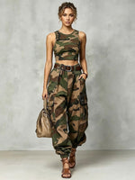 Two-piece Set Featuring A Casual Cotton-knit Camouflage Tank Top And Cotton Camouflage Cargo Pants.