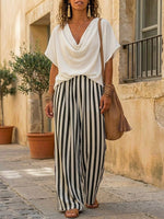 Women's Cowl Neck Art Comfortable Casual Top And Striped Pants Cotton Linen Two-piece Set