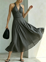 Halter-neck Deep-v Crossover Linen Midi Dress With Pleated Waist