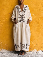 Earth Nomad Ethnic Motif V-Neck Cotton-Linen Kaftan
