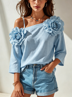 Elegant Blue Floral Off-shoulder Cotton-linen Shirt