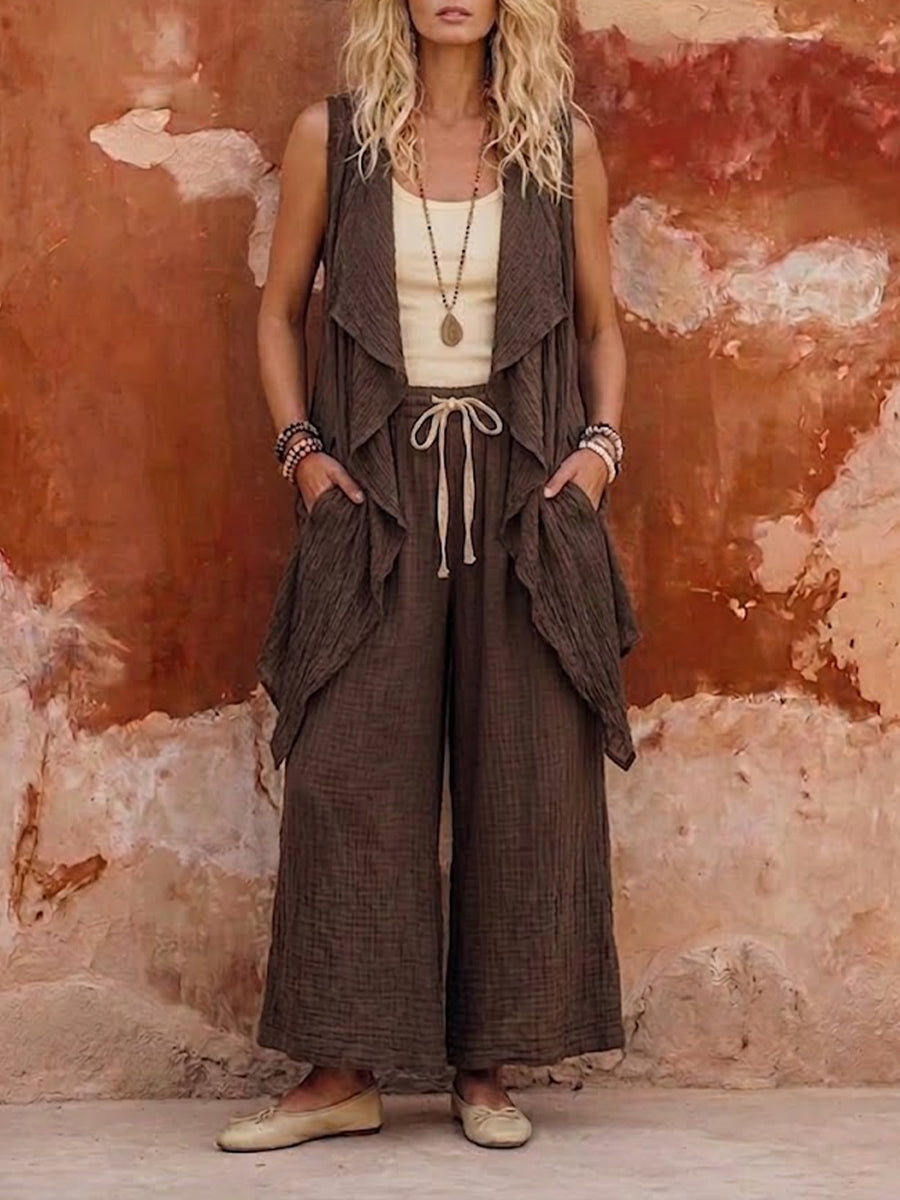 Vintage-style Bohemian Casual Sleeveless Cardigan And Trousers Two-piece Set In A Linen-cotton Blend.