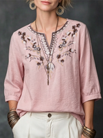 Flower Embroidery V-neck Seven Fold Pleated Sleeve Cotton Linen Blend Top