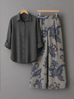 Effortless Bohemian Set – Relaxed Linen Shirt & Printed Wide-Leg Pants