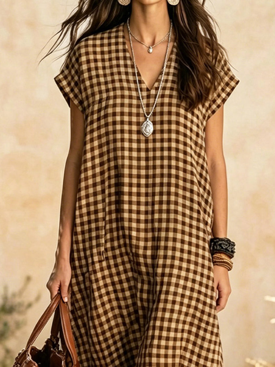 Women's Plaid Pattern Art Casual Stylish V-collar Short Sleeve Cotton Linen Maxi Dress