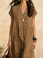 Women's Plaid Pattern Art Casual Stylish V-collar Short Sleeve Cotton Linen Maxi Dress