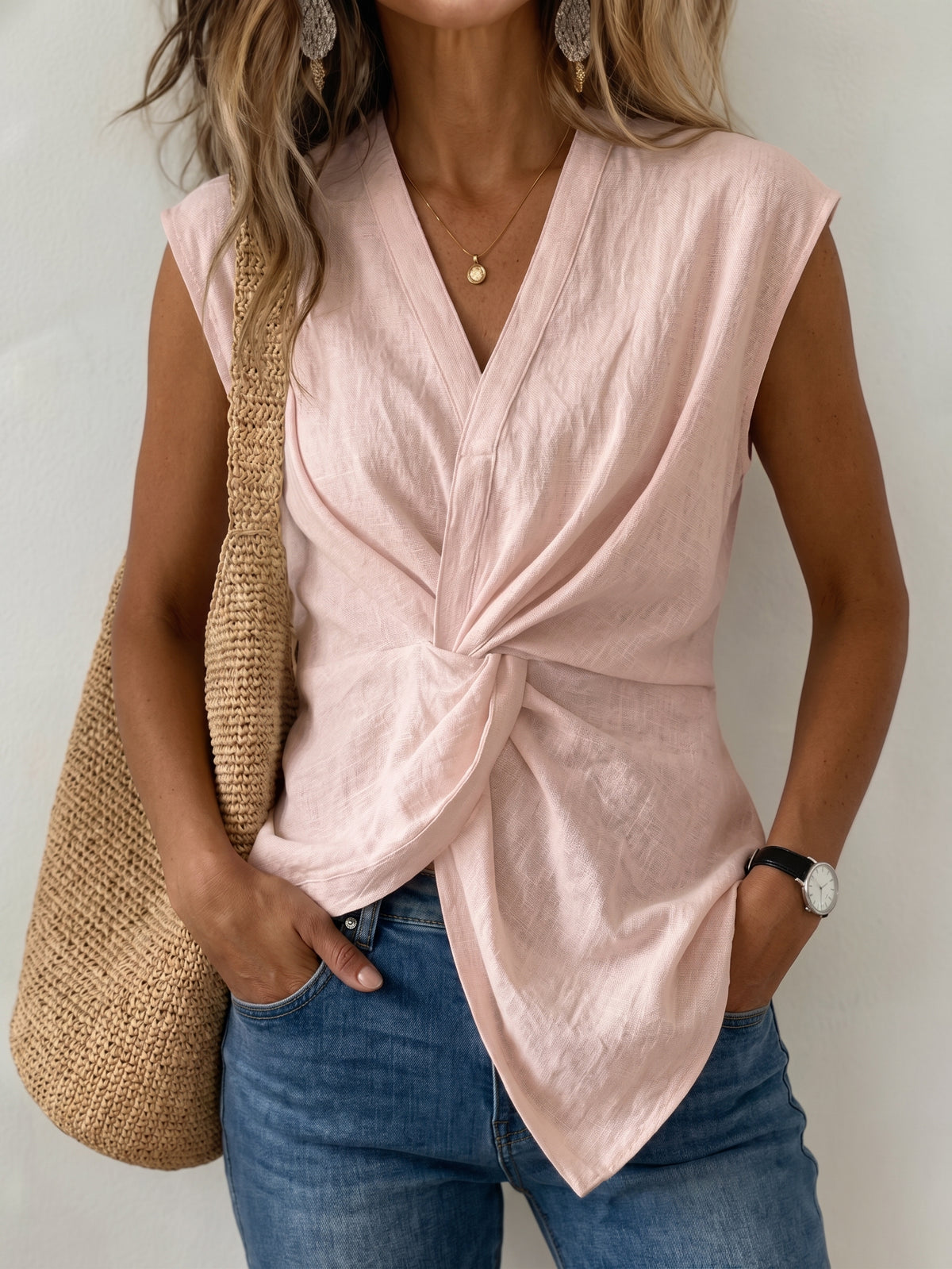Elegant Knotted V-neck Short-sleeved T-shirt Vest