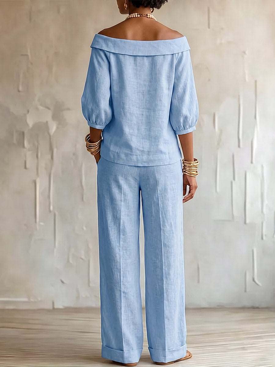 Women's Solid-color Casual Cotton-linen Set: Boat Neck 3/4 Sleeve Loose Top & High-waisted Wide-leg Pants