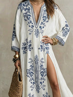 Women's Floral Art Print Casual Split Stylish 3/4 Sleeve Maxi Cotton Dress
