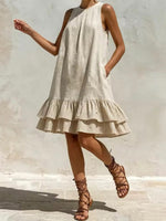 Striped Color-block Sleeveless Round-neck Short Dress In A Cotton-linen Blend With A Double-layer Ruffled Hem