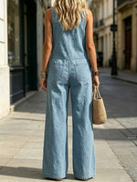 Women's Casual Loose Stylish Button Sleeveless Slit Pockets Jumpsuit