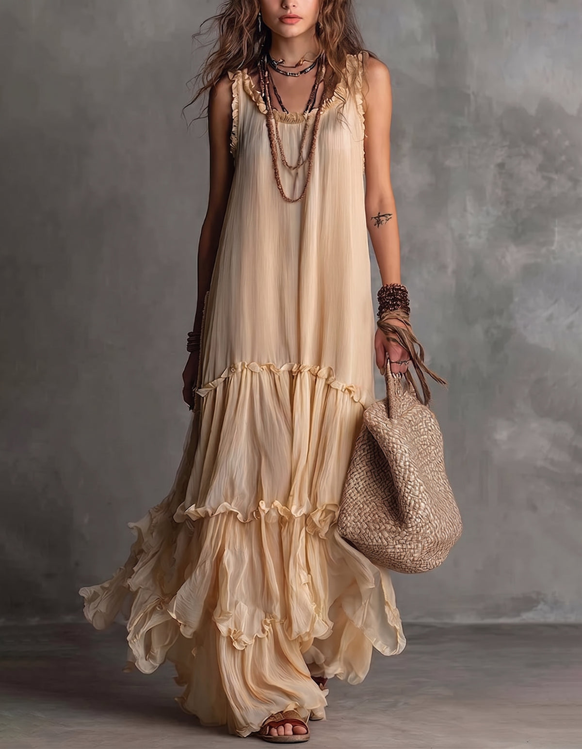 Resort Style Sleeveless Spaghetti Strap Maxi Dress Women's Loose Chiffon Ruffled Beach Dress